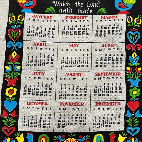 Vintage 1970 Primitive Design Linen Cloth Dish Towel Calendar - Picture 3 of 7